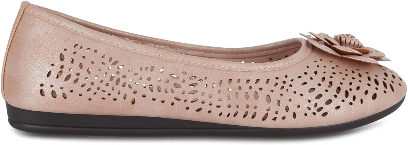 Antwerp Womens Flats Slip-On Shoes Comfortable with Memory Foam Eyelet Details & Rose Ornament
