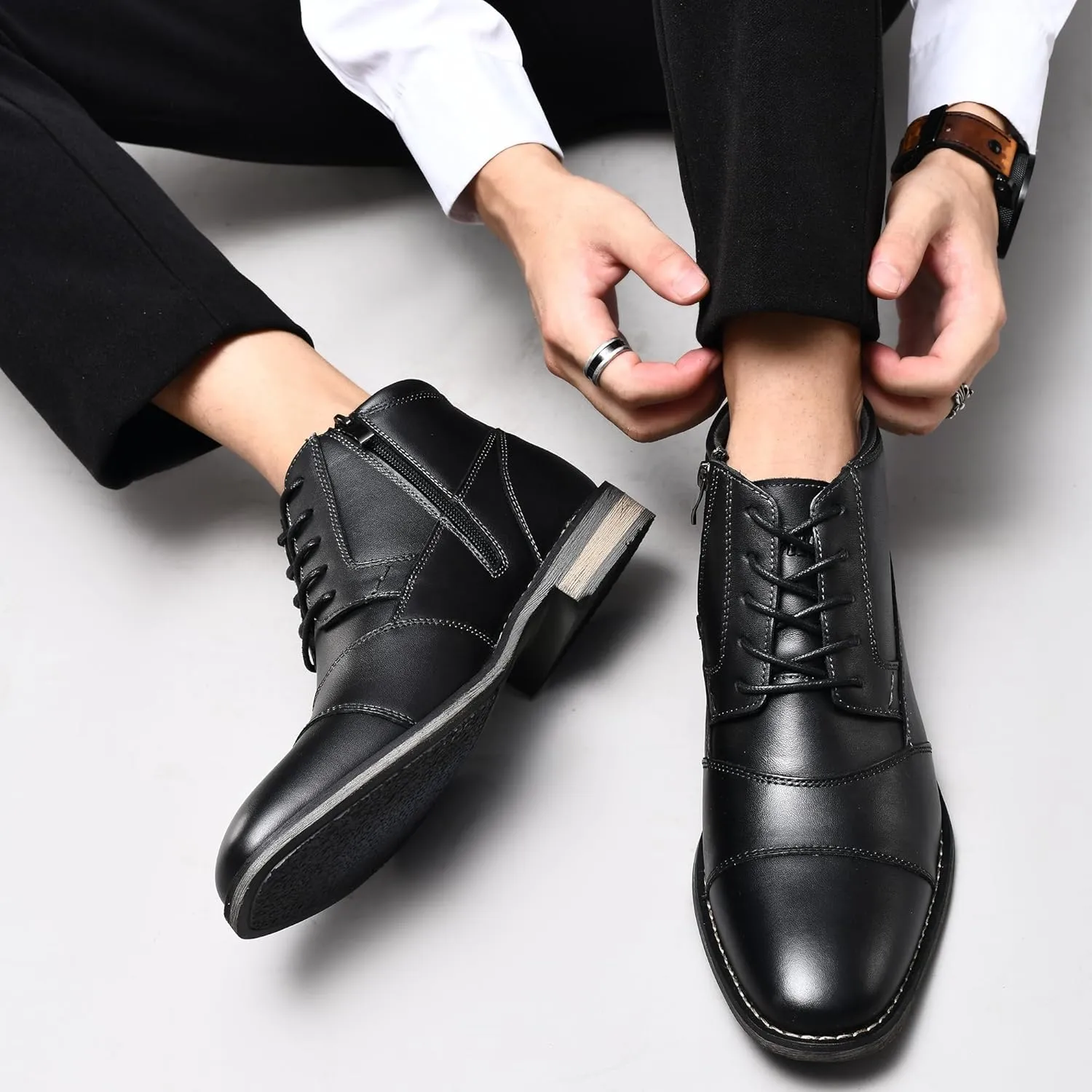 Arkbird Mens Oxford Leather Dress Boots Classic Cap Toe Side Zip Mid Top Casual Ankle Boots for Men