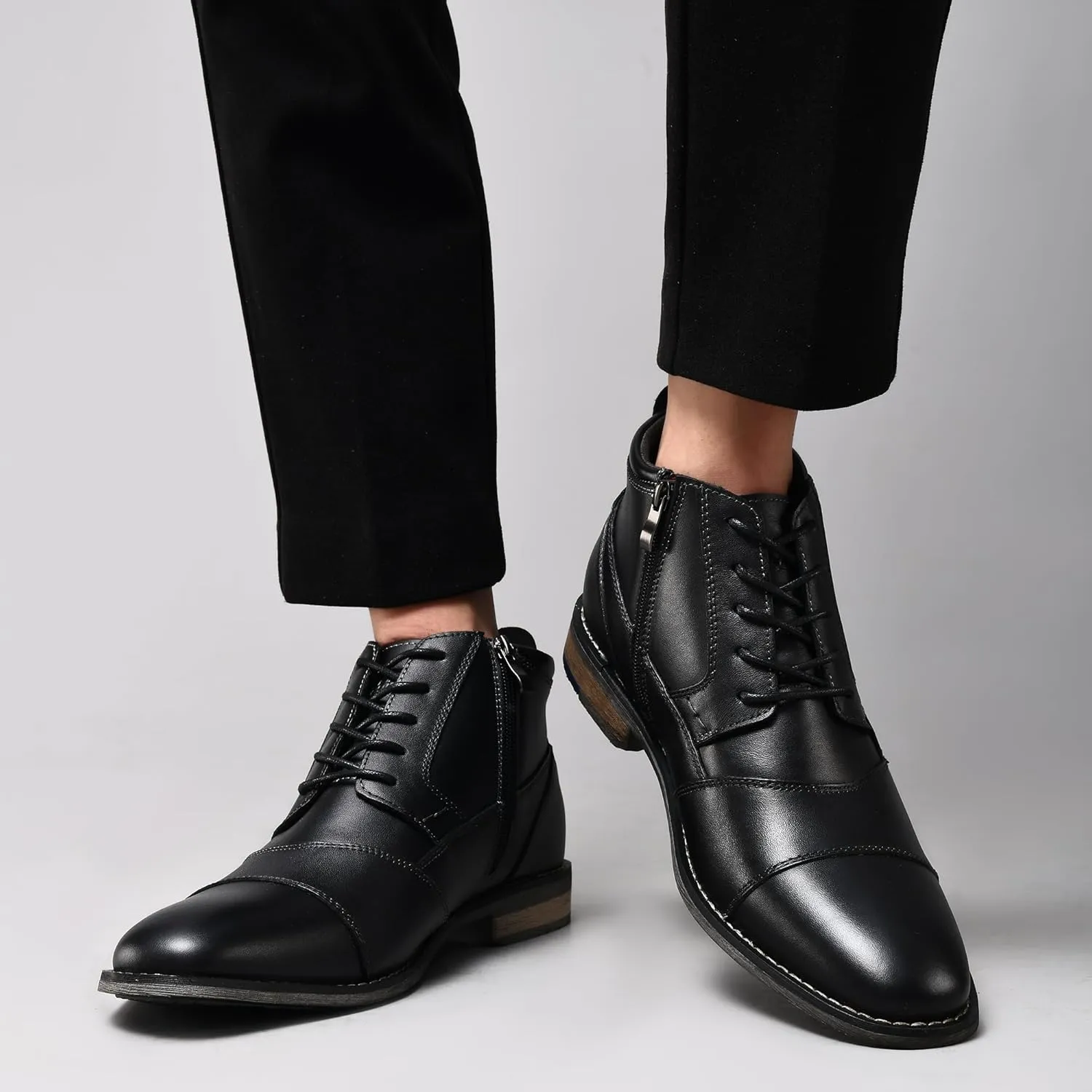 Arkbird Mens Oxford Leather Dress Boots Classic Cap Toe Side Zip Mid Top Casual Ankle Boots for Men