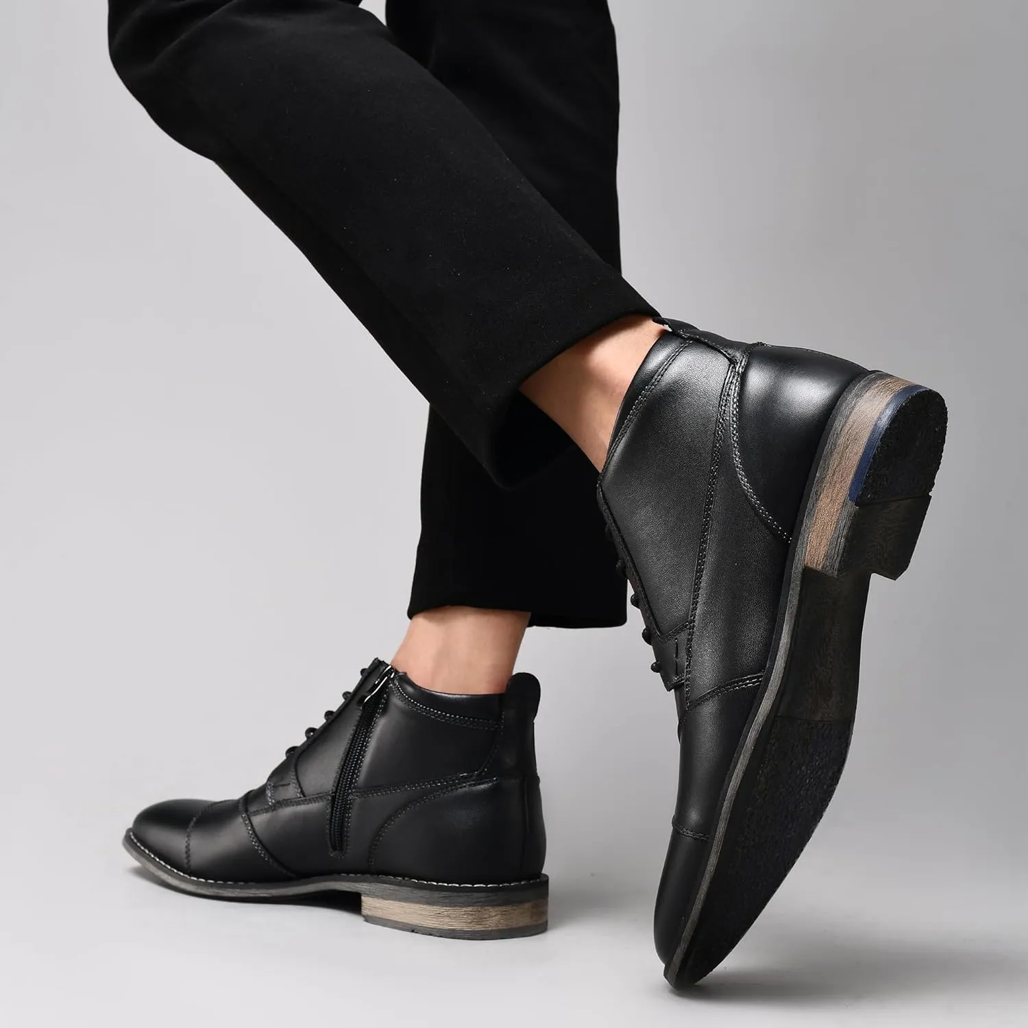 Arkbird Mens Oxford Leather Dress Boots Classic Cap Toe Side Zip Mid Top Casual Ankle Boots for Men