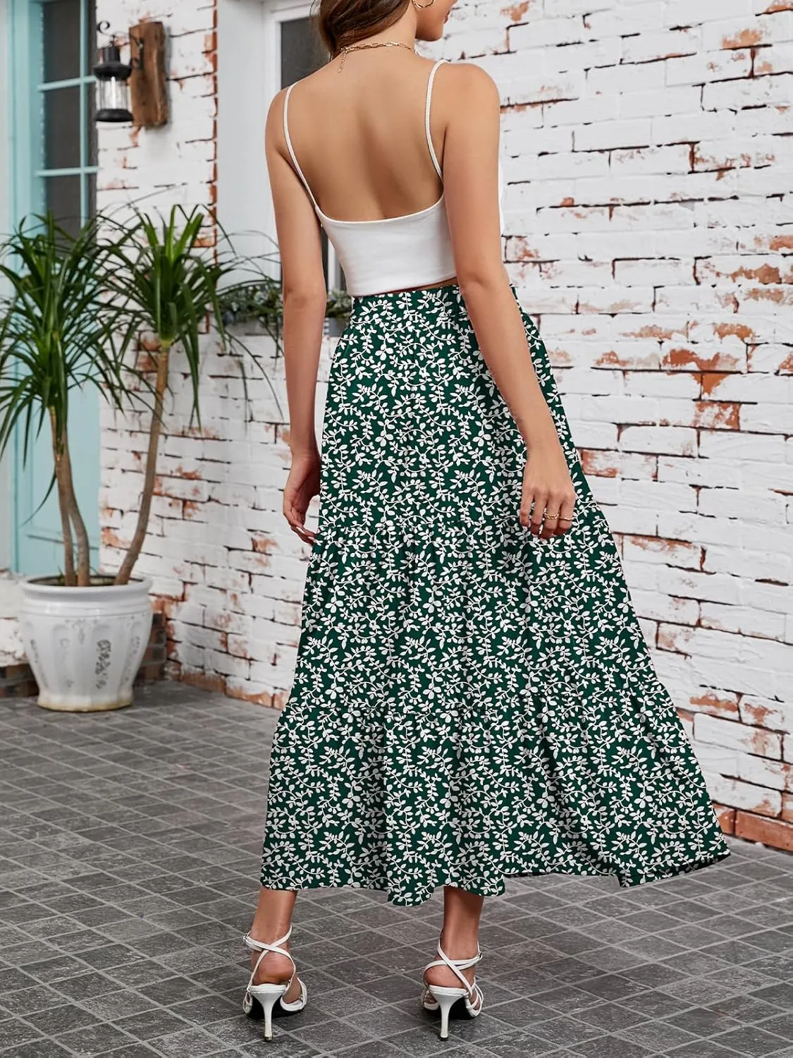 Arolina Maxi Skirt for Women Summer Boho Elastic High Waist Pleated A-Line Flowy Ruffle Swing Tiered Long Beach Skirt Dress