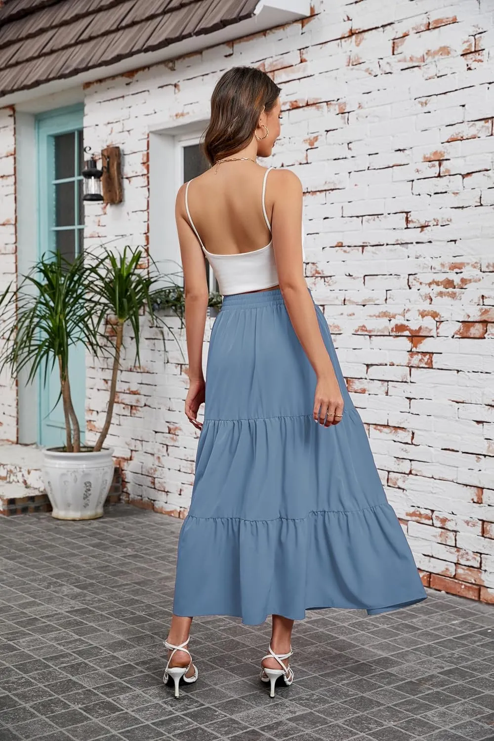 Arolina Maxi Skirt for Women Summer Boho Elastic High Waist Pleated A-Line Flowy Ruffle Swing Tiered Long Beach Skirt Dress