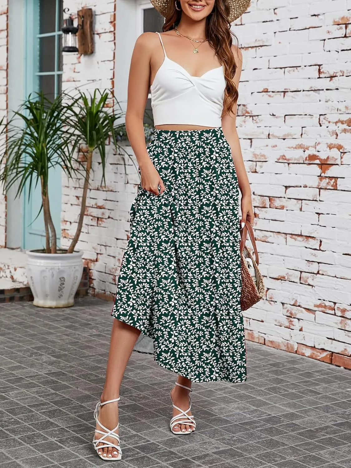 Arolina Maxi Skirt for Women Summer Boho Elastic High Waist Pleated A-Line Flowy Ruffle Swing Tiered Long Beach Skirt Dress