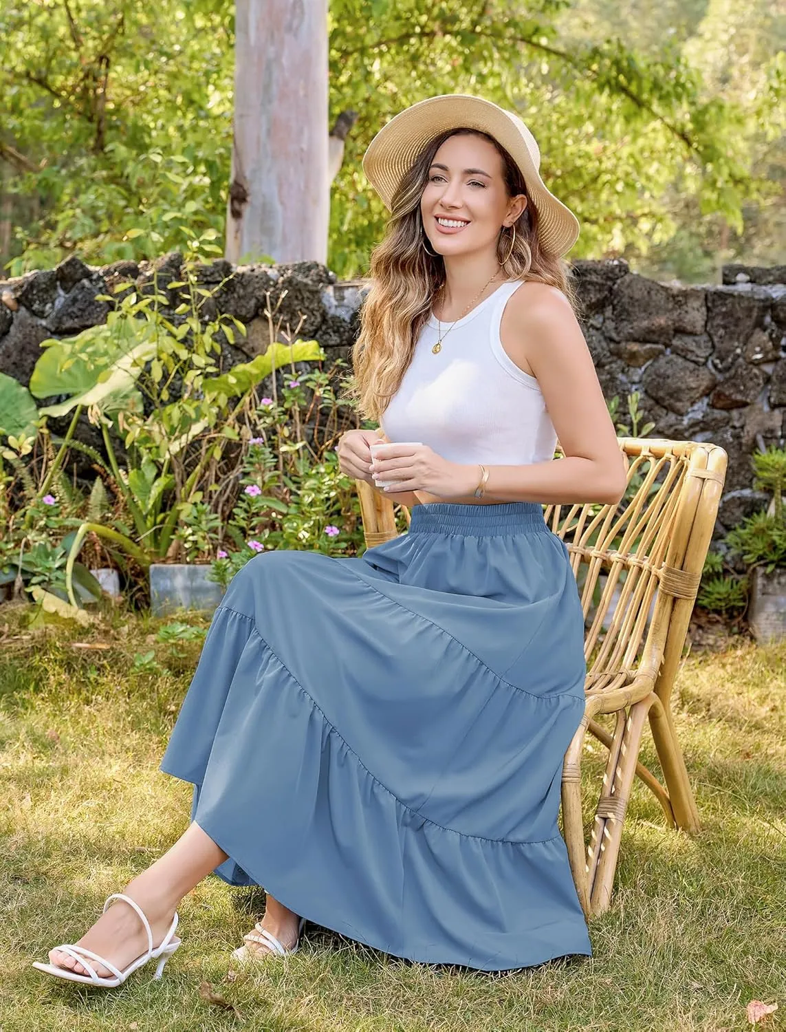 Arolina Maxi Skirt for Women Summer Boho Elastic High Waist Pleated A-Line Flowy Ruffle Swing Tiered Long Beach Skirt Dress