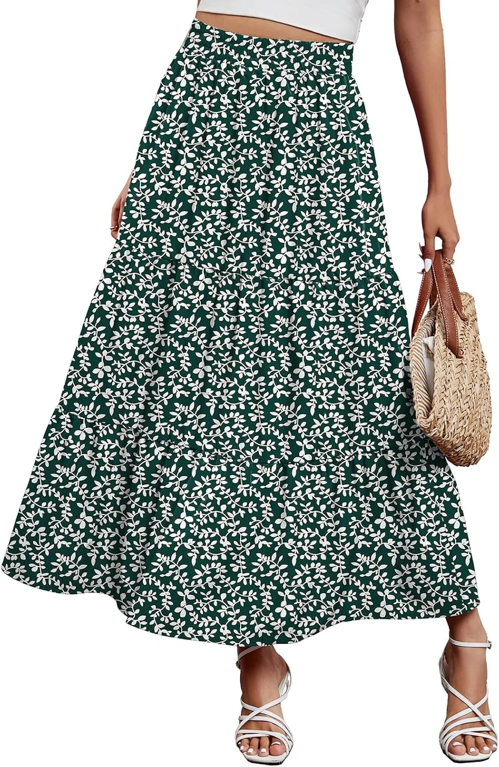 Arolina Maxi Skirt for Women Summer Boho Elastic High Waist Pleated A-Line Flowy Ruffle Swing Tiered Long Beach Skirt Dress