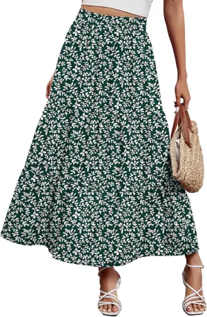 Arolina Maxi Skirt for Women Summer Boho Elastic High Waist Pleated A-Line Flowy Ruffle Swing Tiered Long Beach Skirt Dress