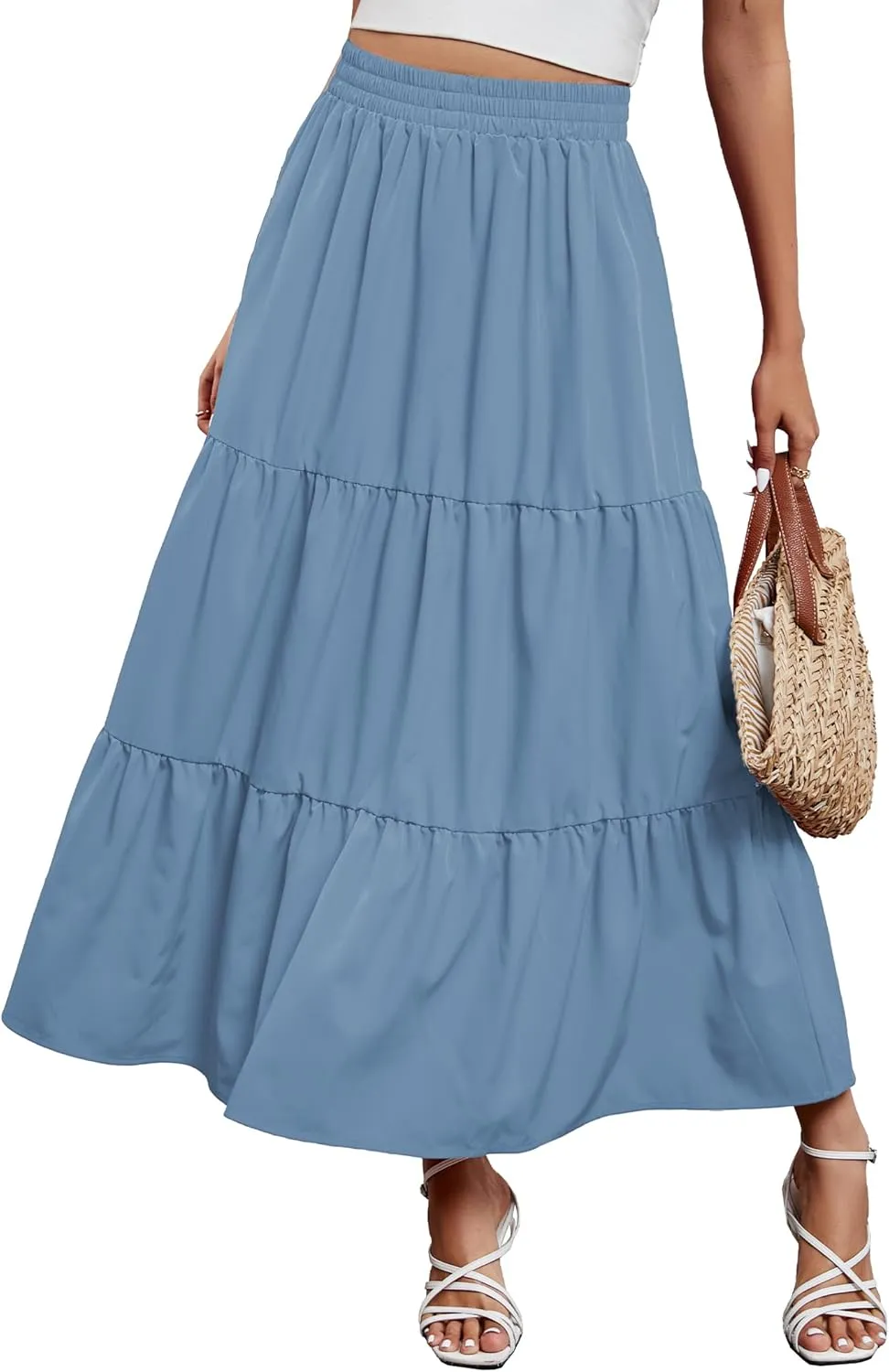 Arolina Maxi Skirt for Women Summer Boho Elastic High Waist Pleated A-Line Flowy Ruffle Swing Tiered Long Beach Skirt Dress