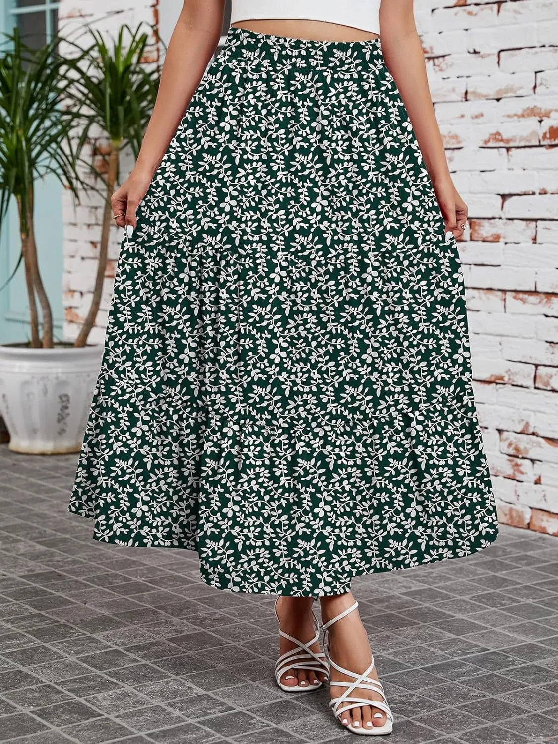 Arolina Maxi Skirt for Women Summer Boho Elastic High Waist Pleated A-Line Flowy Ruffle Swing Tiered Long Beach Skirt Dress
