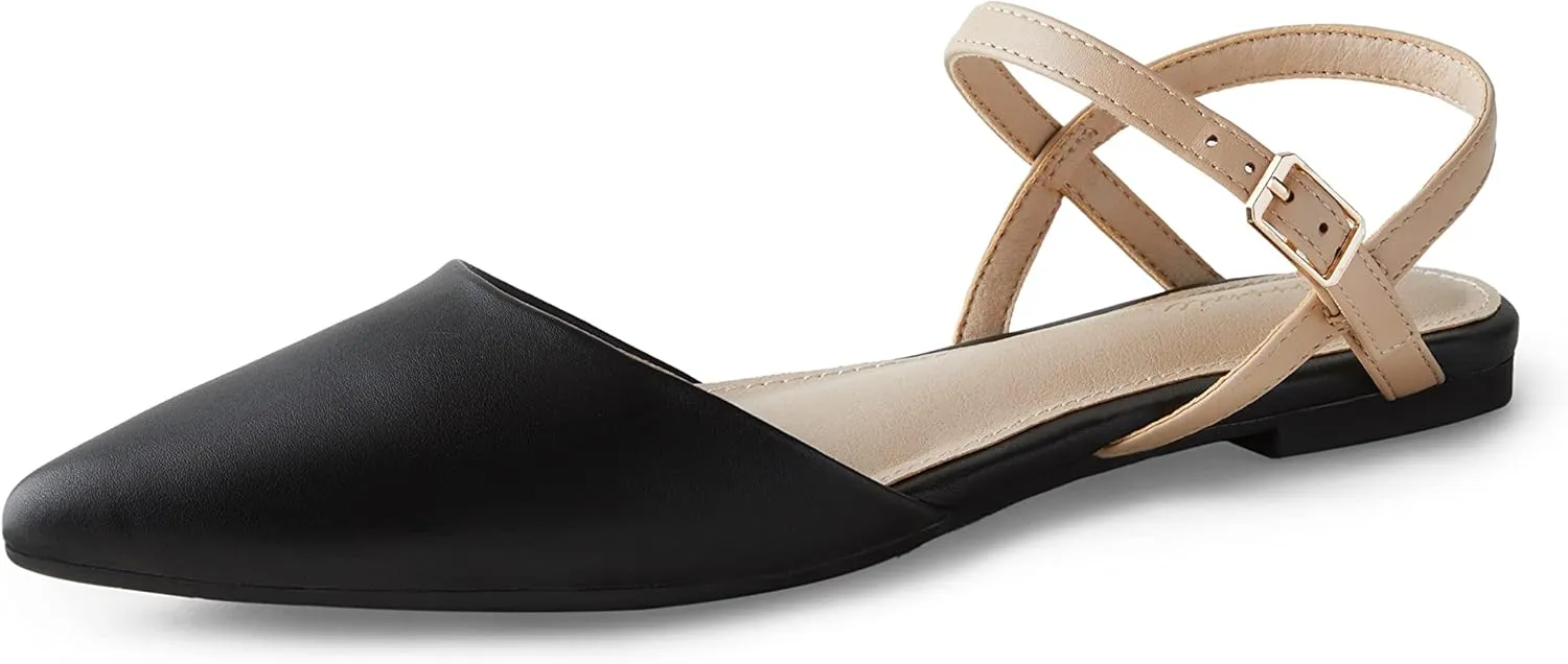 Arromic Women's Slingback Flats Shoes Women Pointed Toe Black Nude Comfortable Cross Ankle Strap Flat for Dressy Wedding Office Summer
