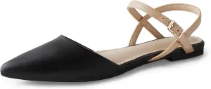 Arromic Women's Slingback Flats Shoes Women Pointed Toe Black Nude Comfortable Cross Ankle Strap Flat for Dressy Wedding Office Summer