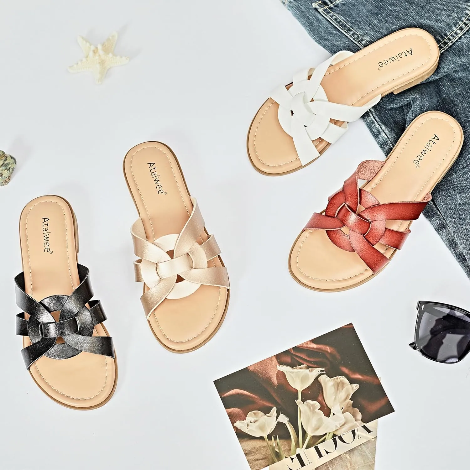 Ataiwee Women's Flat Slide Sandals - Ladies Casual Slip On Criss Cross Strap Summer Shoes.