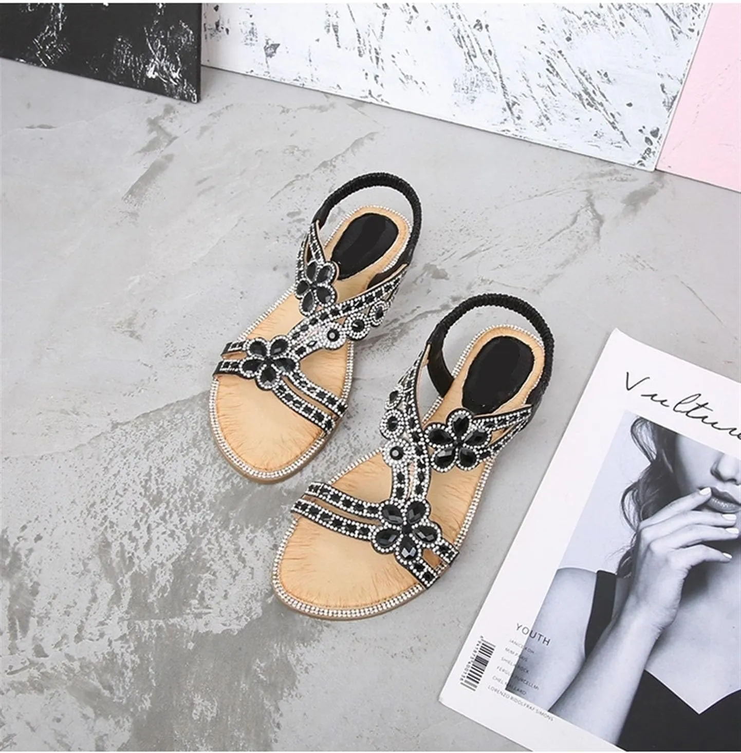 AYGJKIE Women's Flat Sandals Beaded Flower Sparkly Rhinestone Flat Elastic Sandals Bohemian Beaded Strap Sandals Diamante Rhinestone Leather Sandals