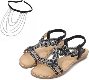 AYGJKIE Women's Flat Sandals Beaded Flower Sparkly Rhinestone Flat Elastic Sandals Bohemian Beaded Strap Sandals Diamante Rhinestone Leather Sandals