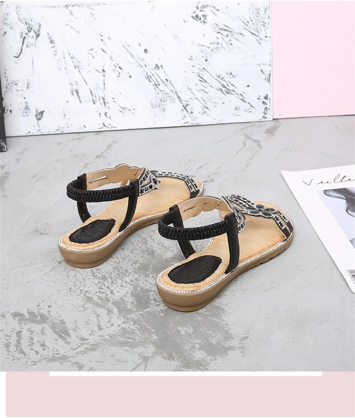 AYGJKIE Women's Flat Sandals Beaded Flower Sparkly Rhinestone Flat Elastic Sandals Bohemian Beaded Strap Sandals Diamante Rhinestone Leather Sandals