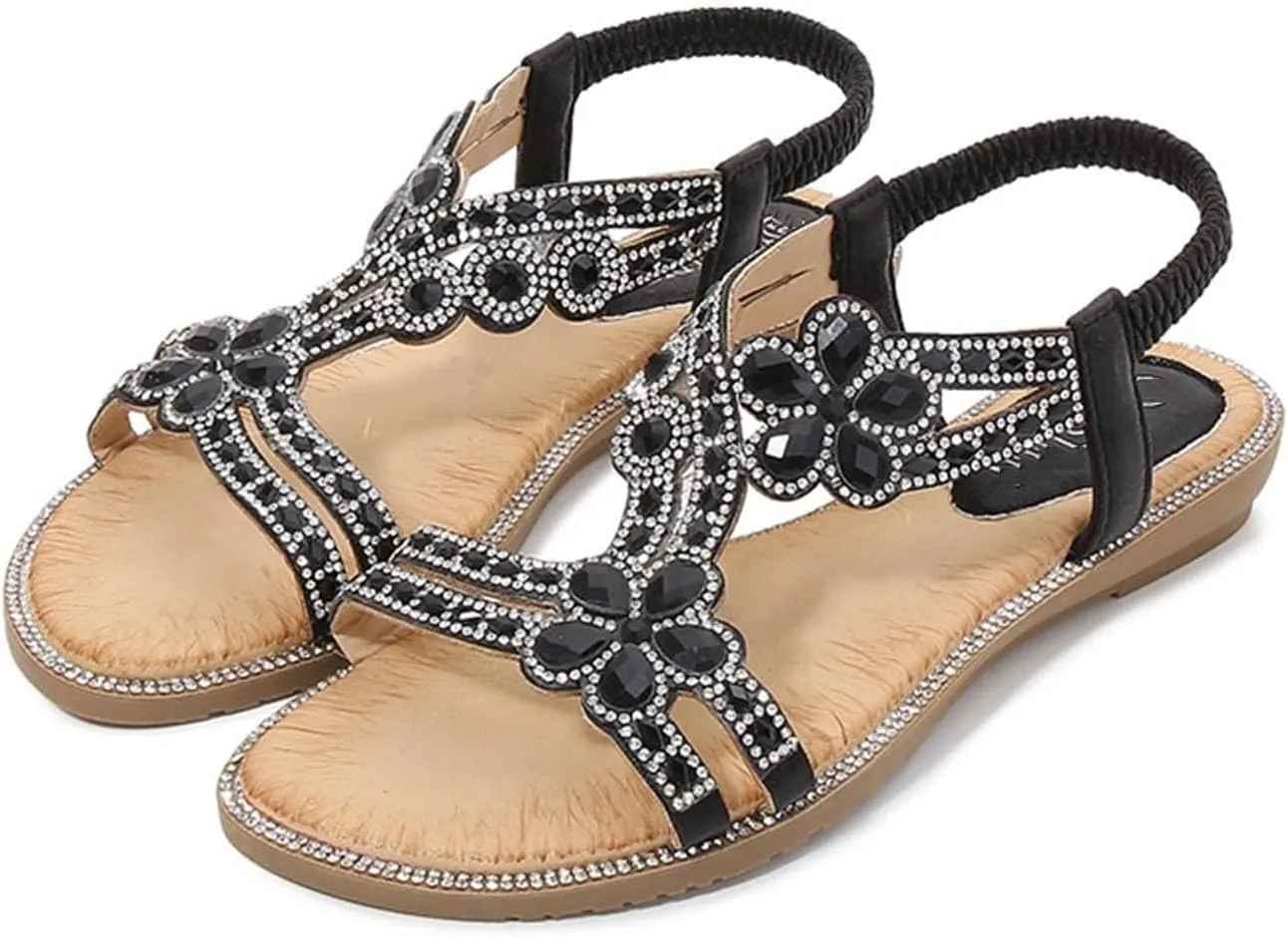 AYGJKIE Women's Flat Sandals Beaded Flower Sparkly Rhinestone Flat Elastic Sandals Bohemian Beaded Strap Sandals Diamante Rhinestone Leather Sandals