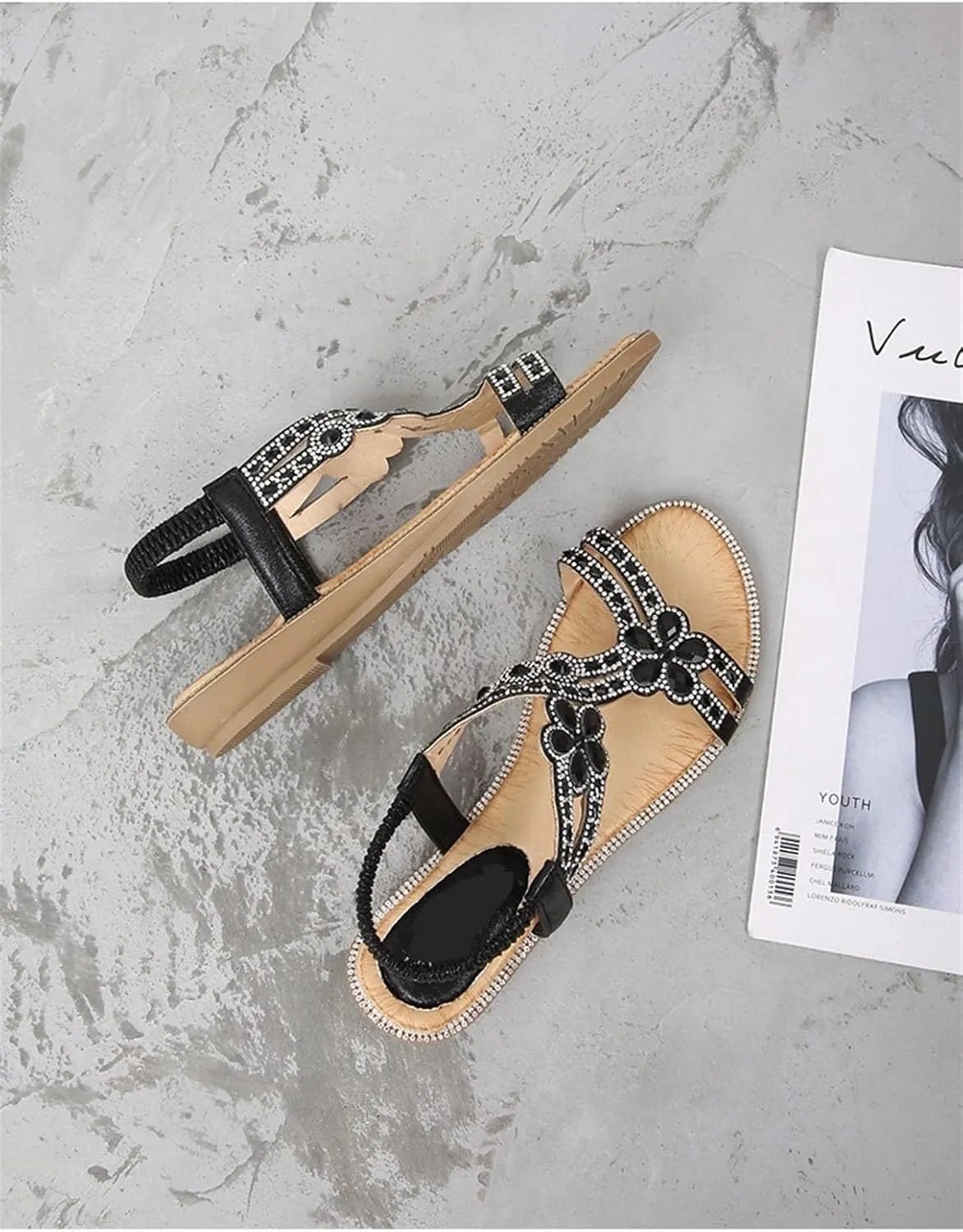 AYGJKIE Women's Flat Sandals Beaded Flower Sparkly Rhinestone Flat Elastic Sandals Bohemian Beaded Strap Sandals Diamante Rhinestone Leather Sandals