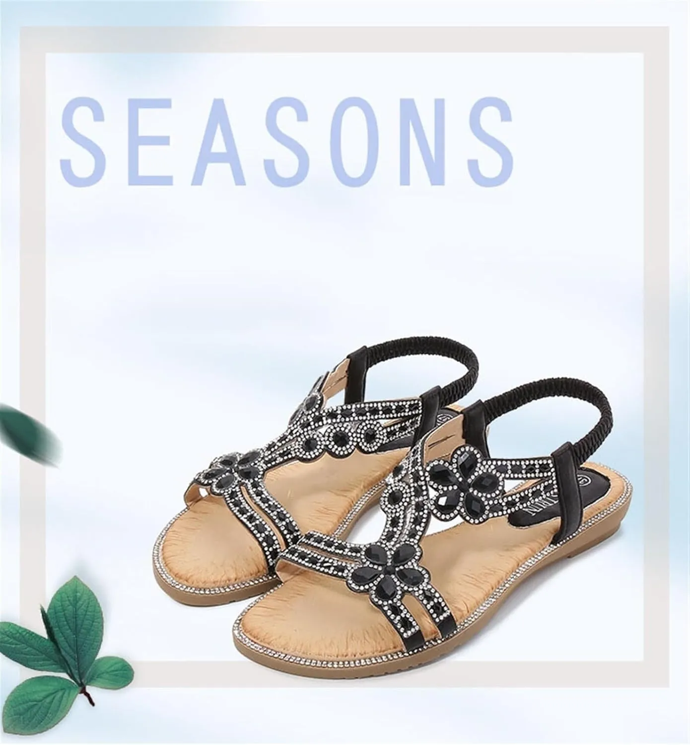 AYGJKIE Women's Flat Sandals Beaded Flower Sparkly Rhinestone Flat Elastic Sandals Bohemian Beaded Strap Sandals Diamante Rhinestone Leather Sandals