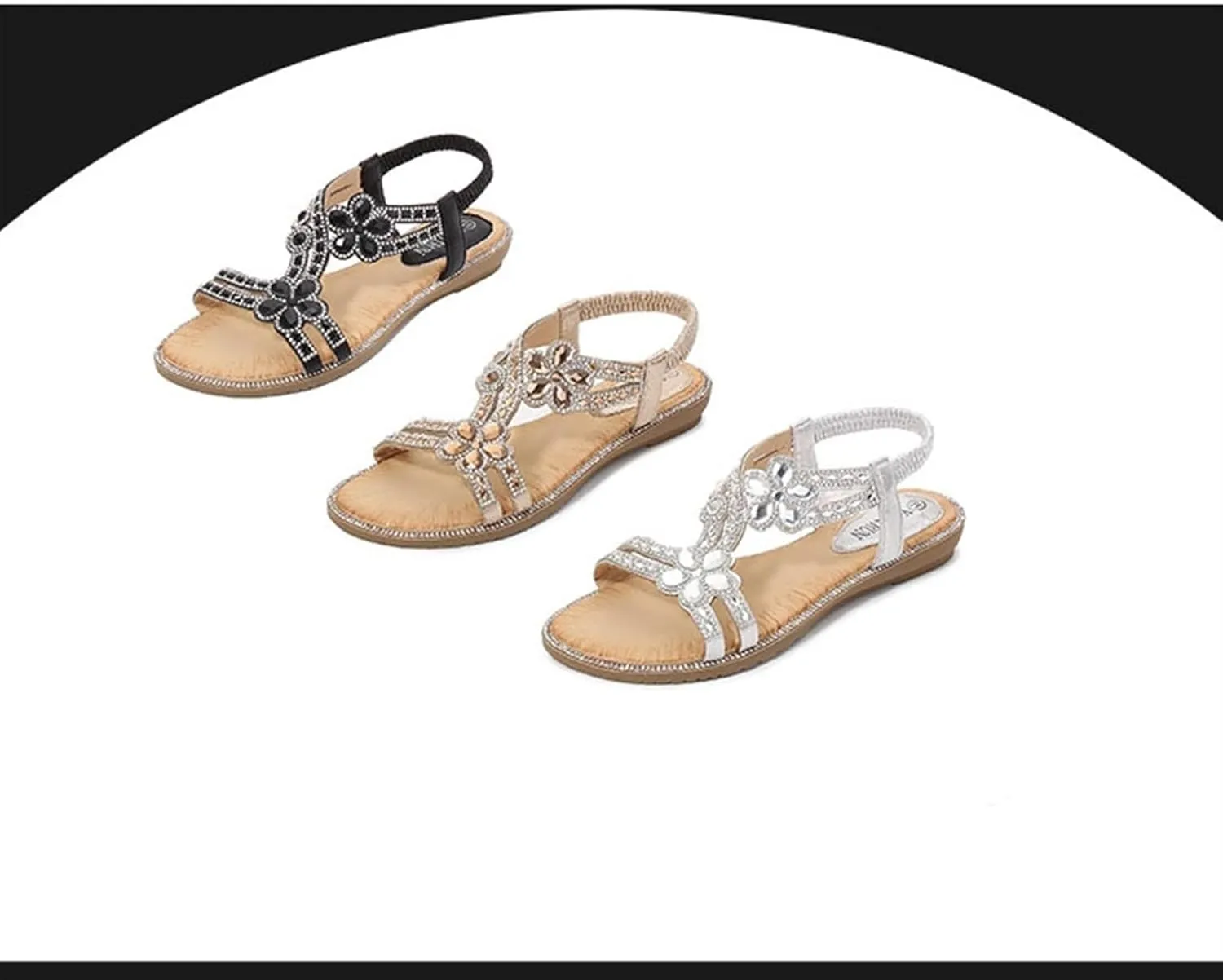 AYGJKIE Women's Flat Sandals Beaded Flower Sparkly Rhinestone Flat Elastic Sandals Bohemian Beaded Strap Sandals Diamante Rhinestone Leather Sandals