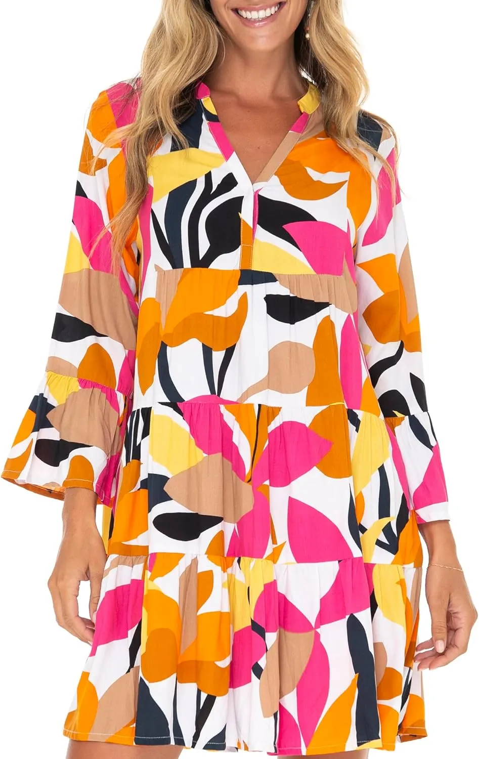 Back From Bali Womens Short Sundress Flowy Boho Beach Dress with Embroidered V Neck, Casual Sexy Summer Party Dress