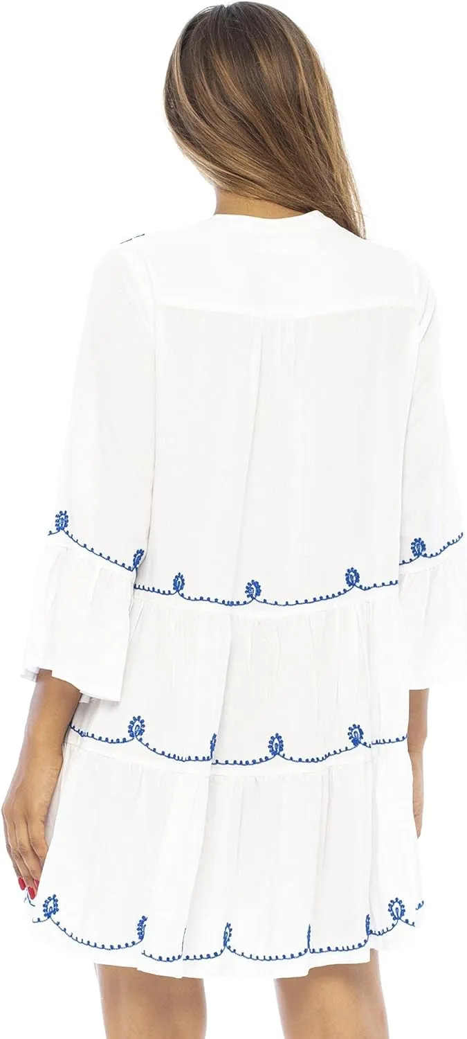 Back From Bali Womens Short Sundress Flowy Boho Beach Dress with Embroidered V Neck, Casual Sexy Summer Party Dress