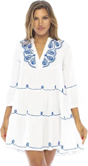 Back From Bali Womens Short Sundress Flowy Boho Beach Dress with Embroidered V Neck, Casual Sexy Summer Party Dress