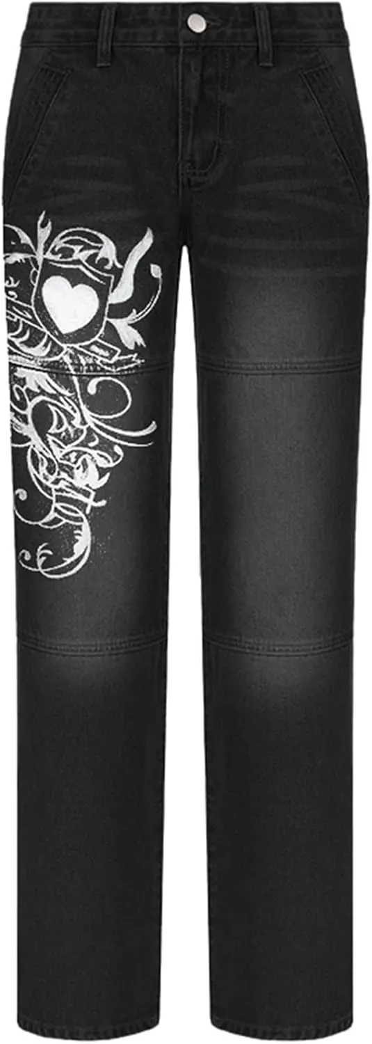 Baggy Jeans for Women Harajuku Graphic Print Cargo Jeans Wide Straight Leg Denim Pants Vintage Streetwear