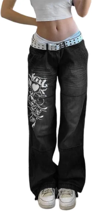 Baggy Jeans for Women Harajuku Graphic Print Cargo Jeans Wide Straight Leg Denim Pants Vintage Streetwear