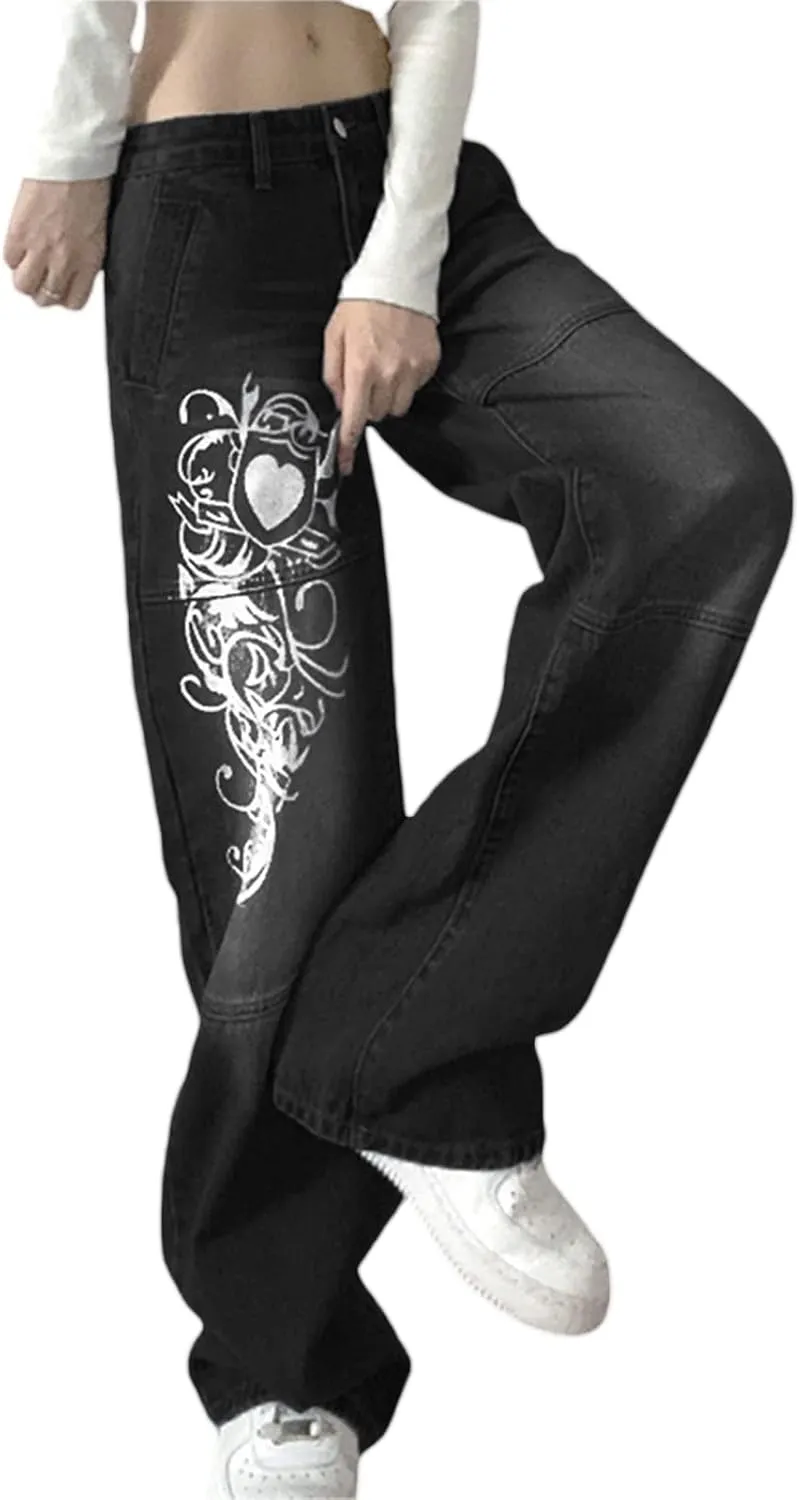 Baggy Jeans for Women Harajuku Graphic Print Cargo Jeans Wide Straight Leg Denim Pants Vintage Streetwear