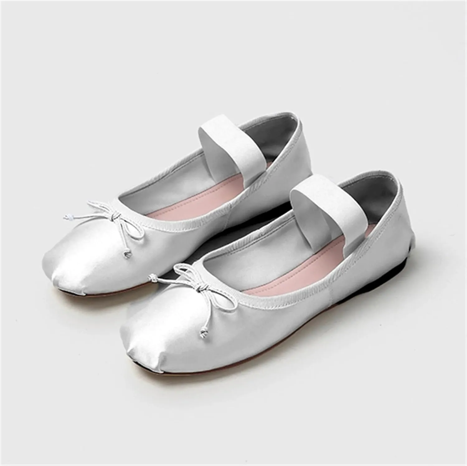 Ballet Flats Shoes for Women Ballerina Satin Flats Ladies Bow Casual Mary Jane Elastic Strap Flats
