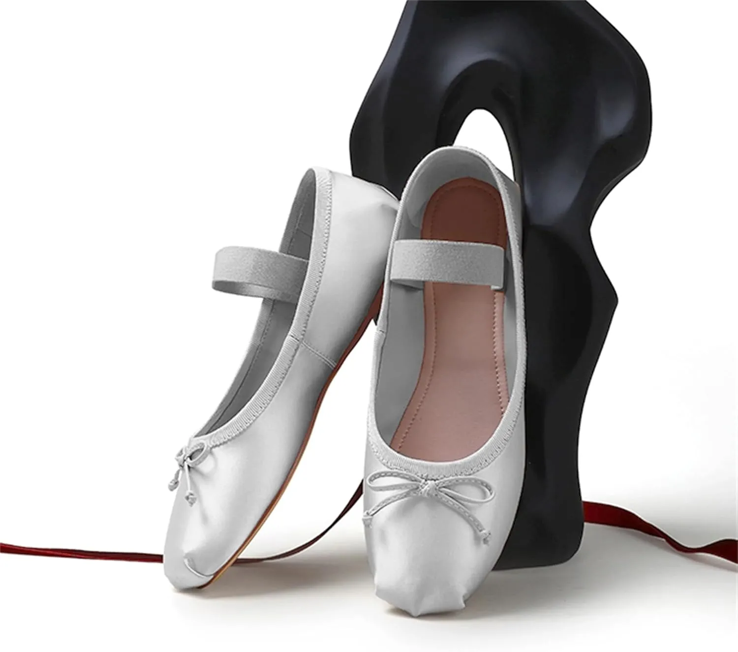 Ballet Flats Shoes for Women Ballerina Satin Flats Ladies Bow Casual Mary Jane Elastic Strap Flats