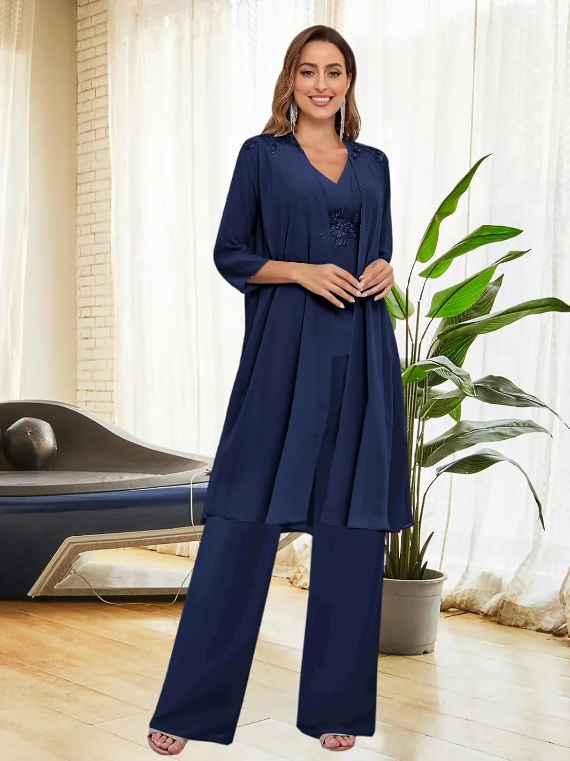 BANTRATIC 3 Pieces Mother of The Bride Pantsuits with Jacket for Wedding 3/4 Sleeve Formal Evening Prom Dressy Pants Outfit