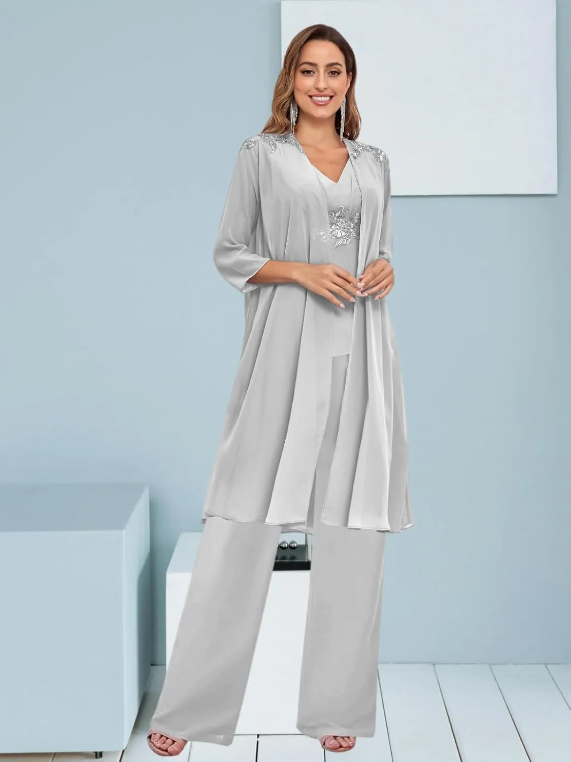 BANTRATIC 3 Pieces Mother of The Bride Pantsuits with Jacket for Wedding 3/4 Sleeve Formal Evening Prom Dressy Pants Outfit