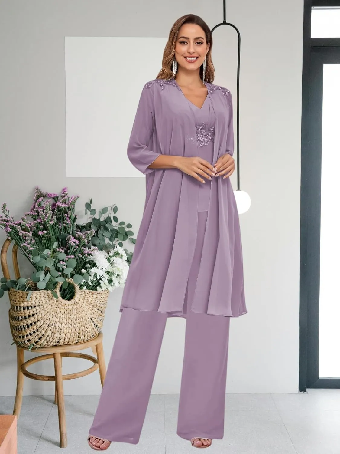 BANTRATIC 3 Pieces Mother of The Bride Pantsuits with Jacket for Wedding 3/4 Sleeve Formal Evening Prom Dressy Pants Outfit