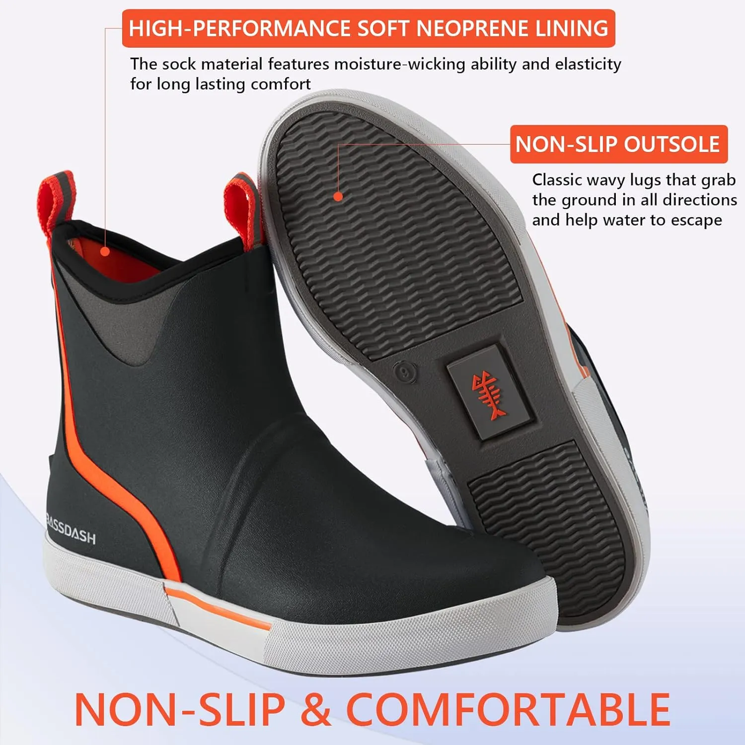 BASSDASH Men’s 6" Waterproof Deck Boots with Breathable Lining Anti-slip Neoprene Rubber Ankle Rain Boots for Fishing Boating