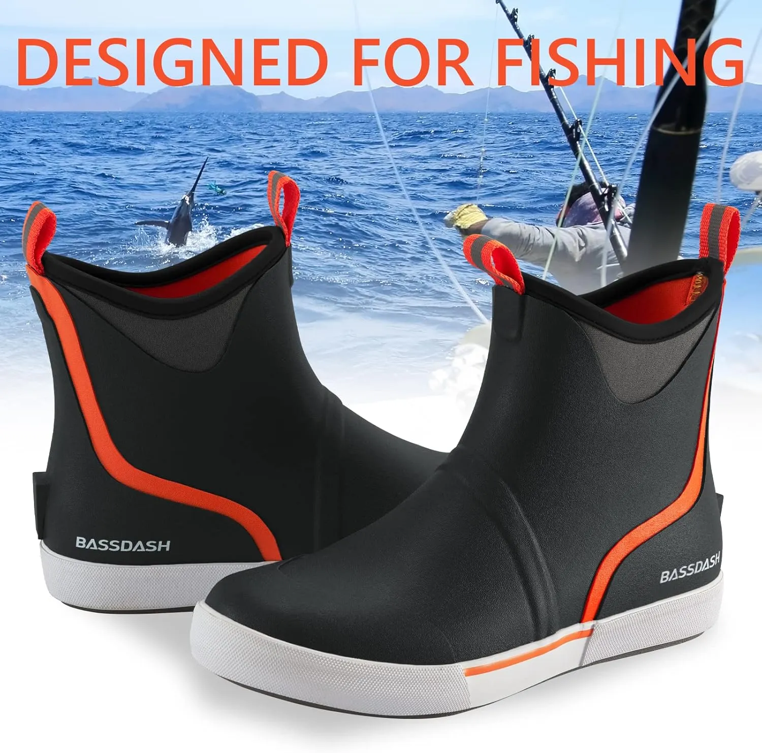 BASSDASH Men’s 6" Waterproof Deck Boots with Breathable Lining Anti-slip Neoprene Rubber Ankle Rain Boots for Fishing Boating
