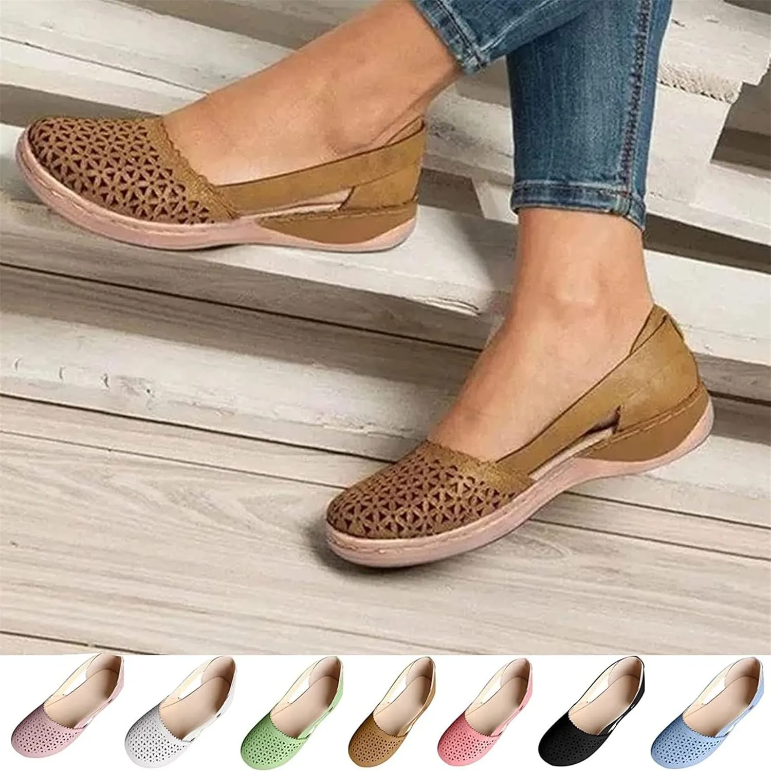 BBPM Women's Leather Baotou Hollow Wedge Sandals Summer Flat Sandals Closed Toe Round Toe Hollowed Out Thick Sole Breathable Beach Sandals,Pink,EU35/US4.5
