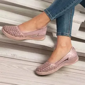 BBPM Women's Leather Baotou Hollow Wedge Sandals Summer Flat Sandals Closed Toe Round Toe Hollowed Out Thick Sole Breathable Beach Sandals,Pink,EU35/US4.5