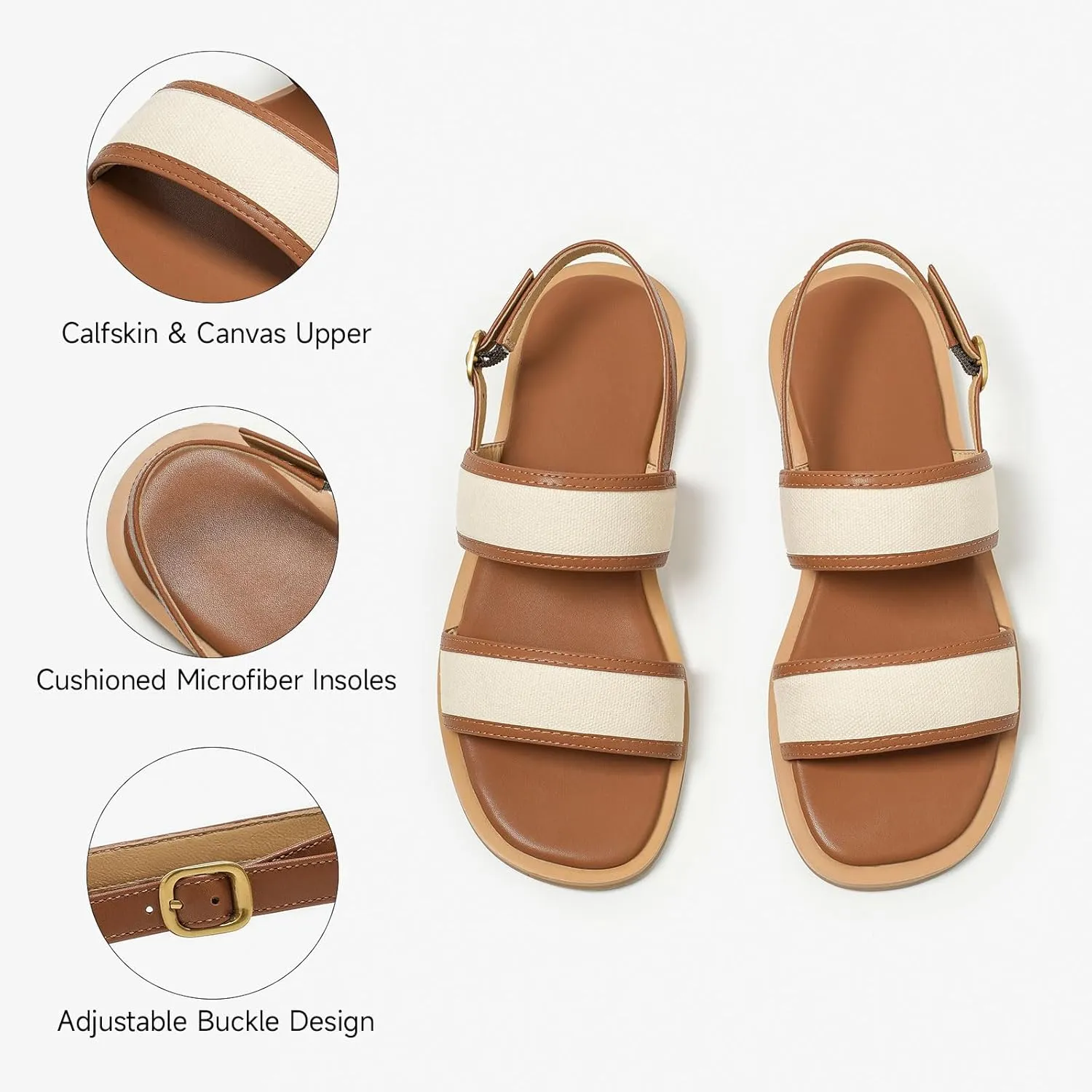 BEAU TODAY Flat Sandals for Women, Women’s Leather Sandals with Back Strap, Open Toe Summer Shoes Buckle Comfortable Dress Sandals Shoes for Women