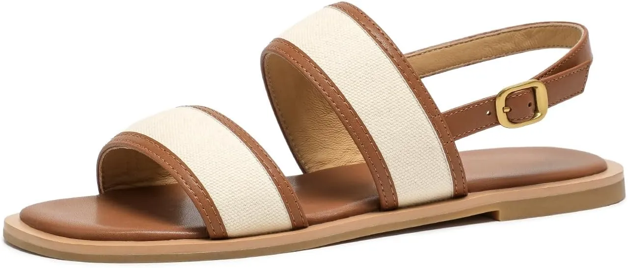 BEAU TODAY Flat Sandals for Women, Women’s Leather Sandals with Back Strap, Open Toe Summer Shoes Buckle Comfortable Dress Sandals Shoes for Women