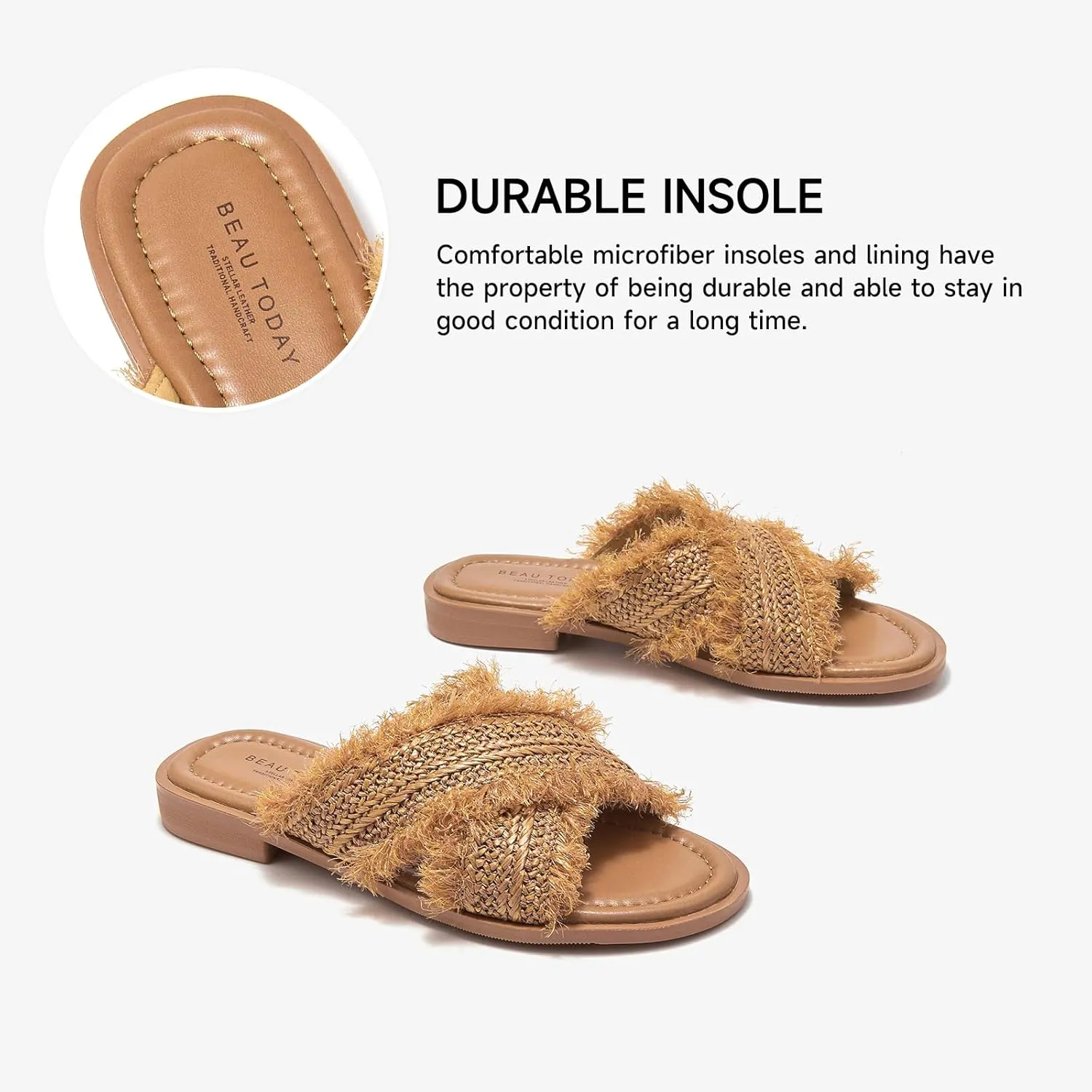 BEAU TODAY Raffia Sandals Women, Slide Sandals for Women, Genuine Leather Flat Slides Sandals, Open Toe Comfort Beach Casual Dressy Slides for Summer Vacation
