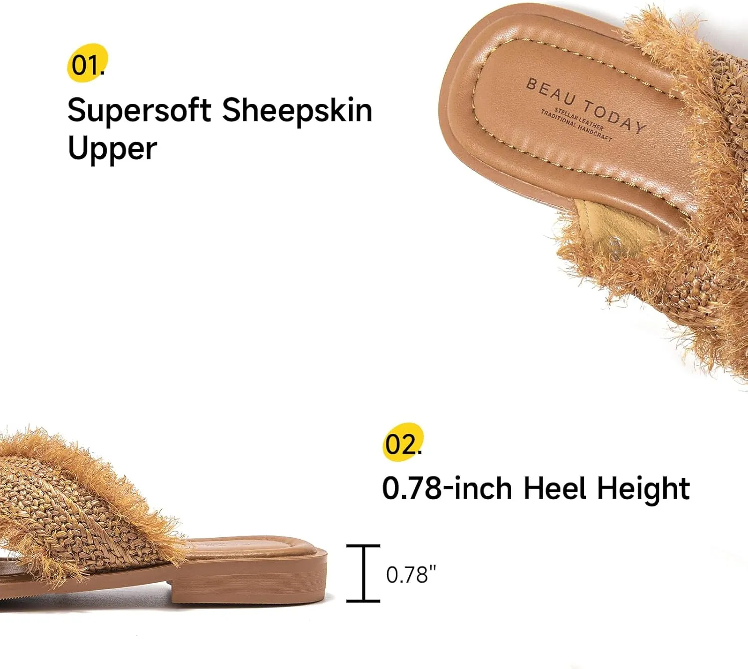 BEAU TODAY Raffia Sandals Women, Slide Sandals for Women, Genuine Leather Flat Slides Sandals, Open Toe Comfort Beach Casual Dressy Slides for Summer Vacation