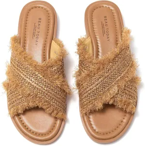 BEAU TODAY Raffia Sandals Women, Slide Sandals for Women, Genuine Leather Flat Slides Sandals, Open Toe Comfort Beach Casual Dressy Slides for Summer Vacation