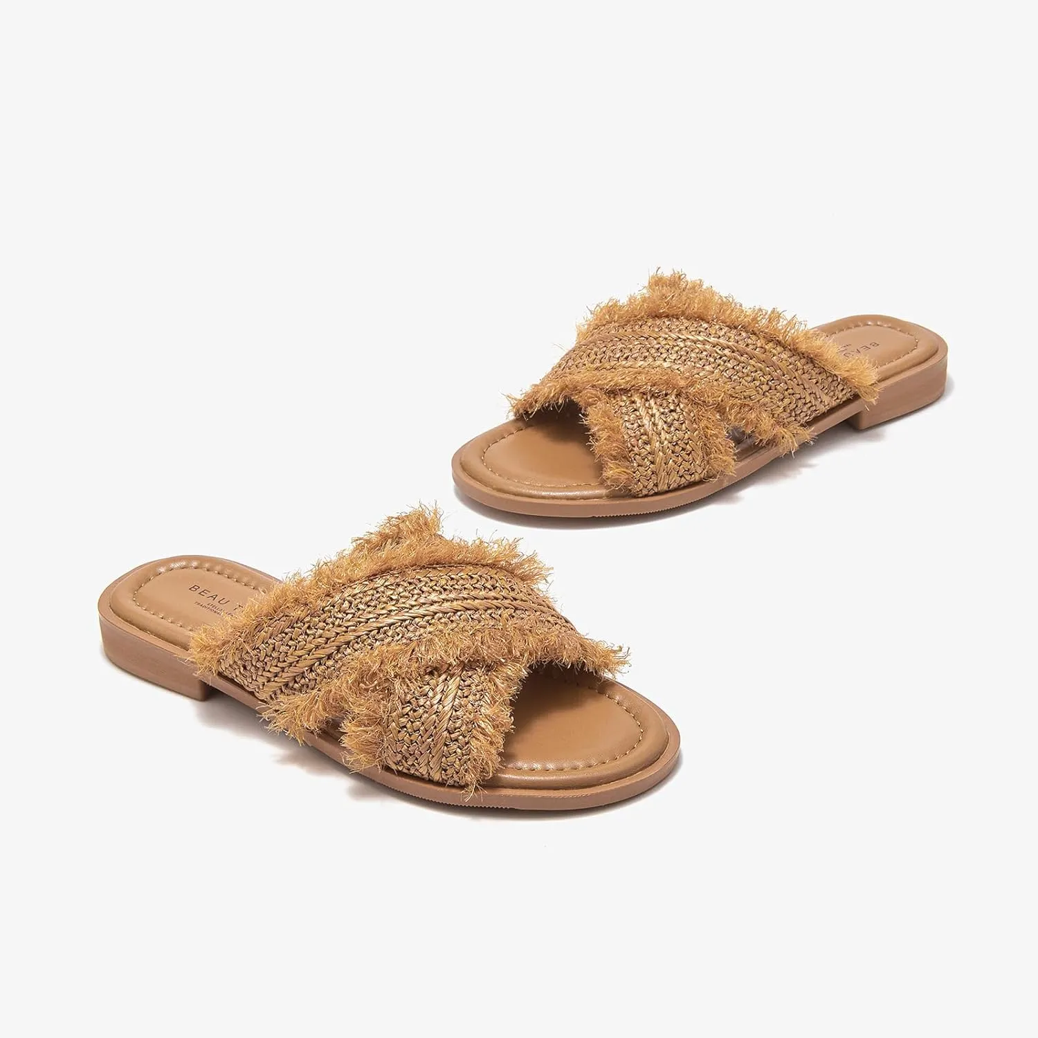 BEAU TODAY Raffia Sandals Women, Slide Sandals for Women, Genuine Leather Flat Slides Sandals, Open Toe Comfort Beach Casual Dressy Slides for Summer Vacation