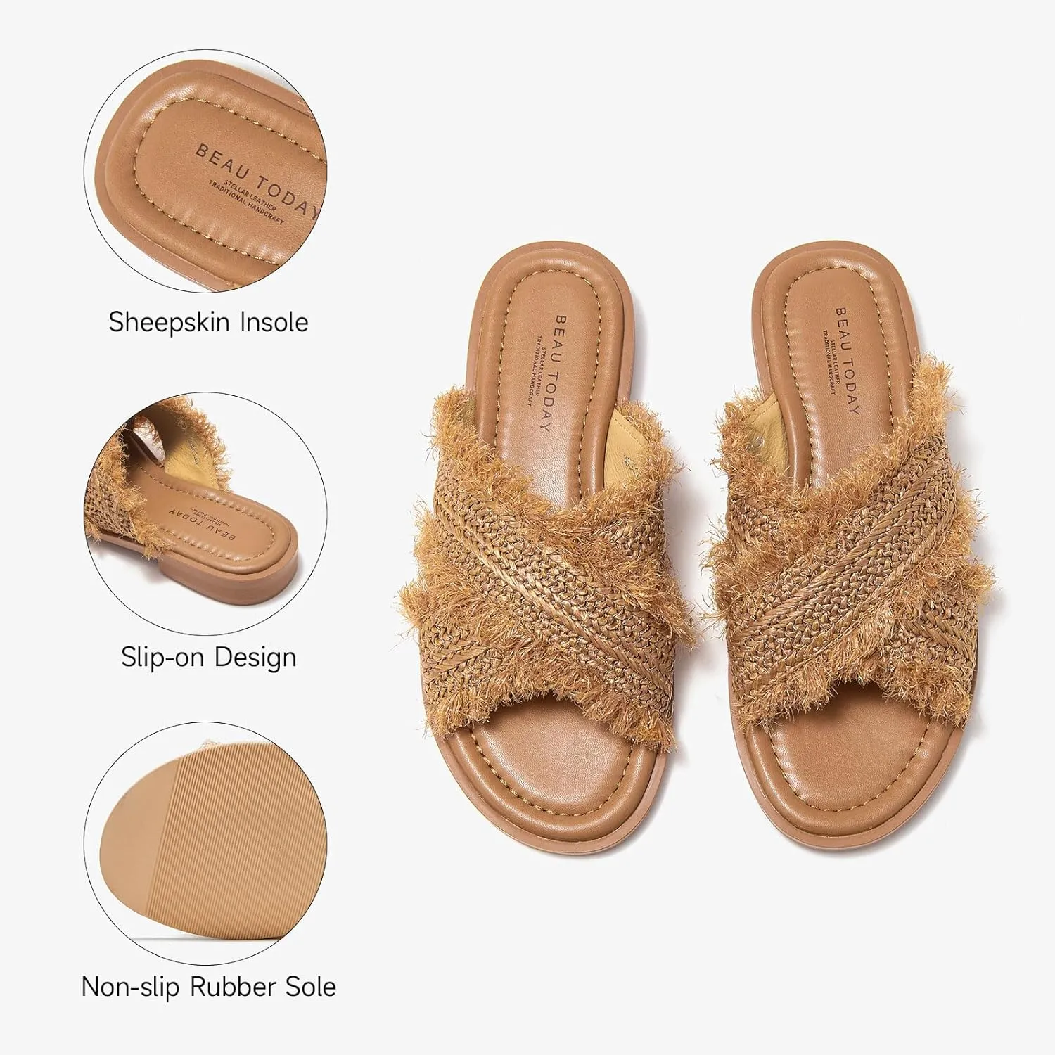 BEAU TODAY Raffia Sandals Women, Slide Sandals for Women, Genuine Leather Flat Slides Sandals, Open Toe Comfort Beach Casual Dressy Slides for Summer Vacation