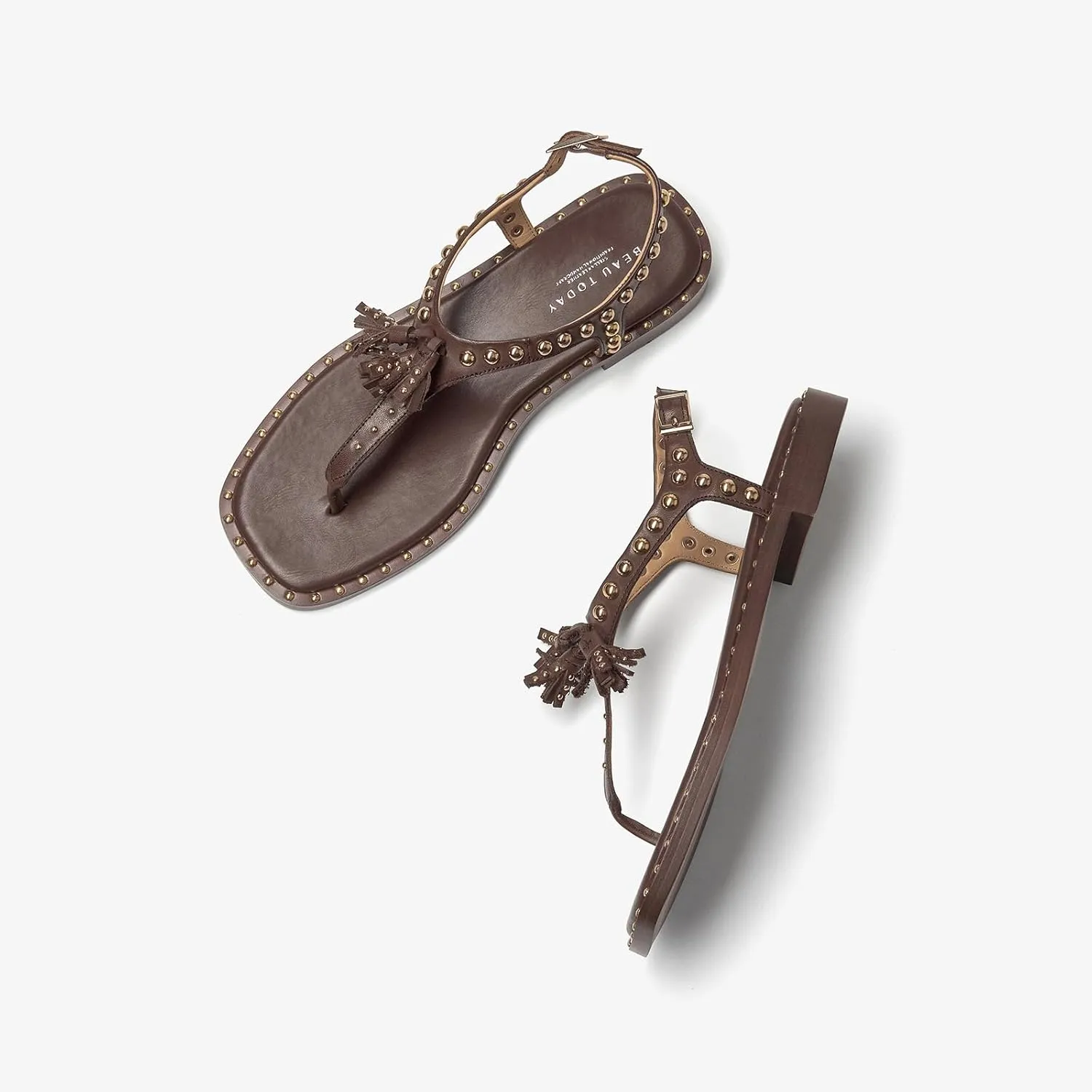 BEAU TODAY Women’s Sandals Shoes, Thong Flat Sandals for Women, Leather Summer Beach Shoes, Comfortable Dressy Casual Sandals with T-Strap and Adjustable Ankle Buckle