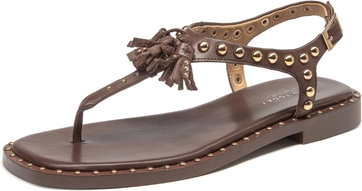 BEAU TODAY Women’s Sandals Shoes, Thong Flat Sandals for Women, Leather Summer Beach Shoes, Comfortable Dressy Casual Sandals with T-Strap and Adjustable Ankle Buckle
