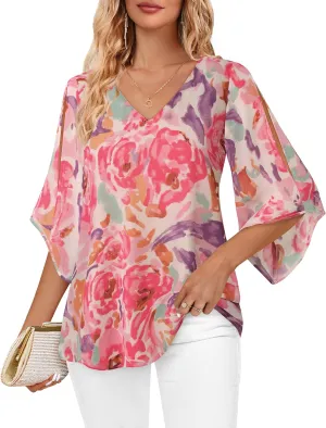 Bebonnie Womens Ruffle 3/4 Sleeve V Neck Double Layers Chiffon Blouses Dressy Tops