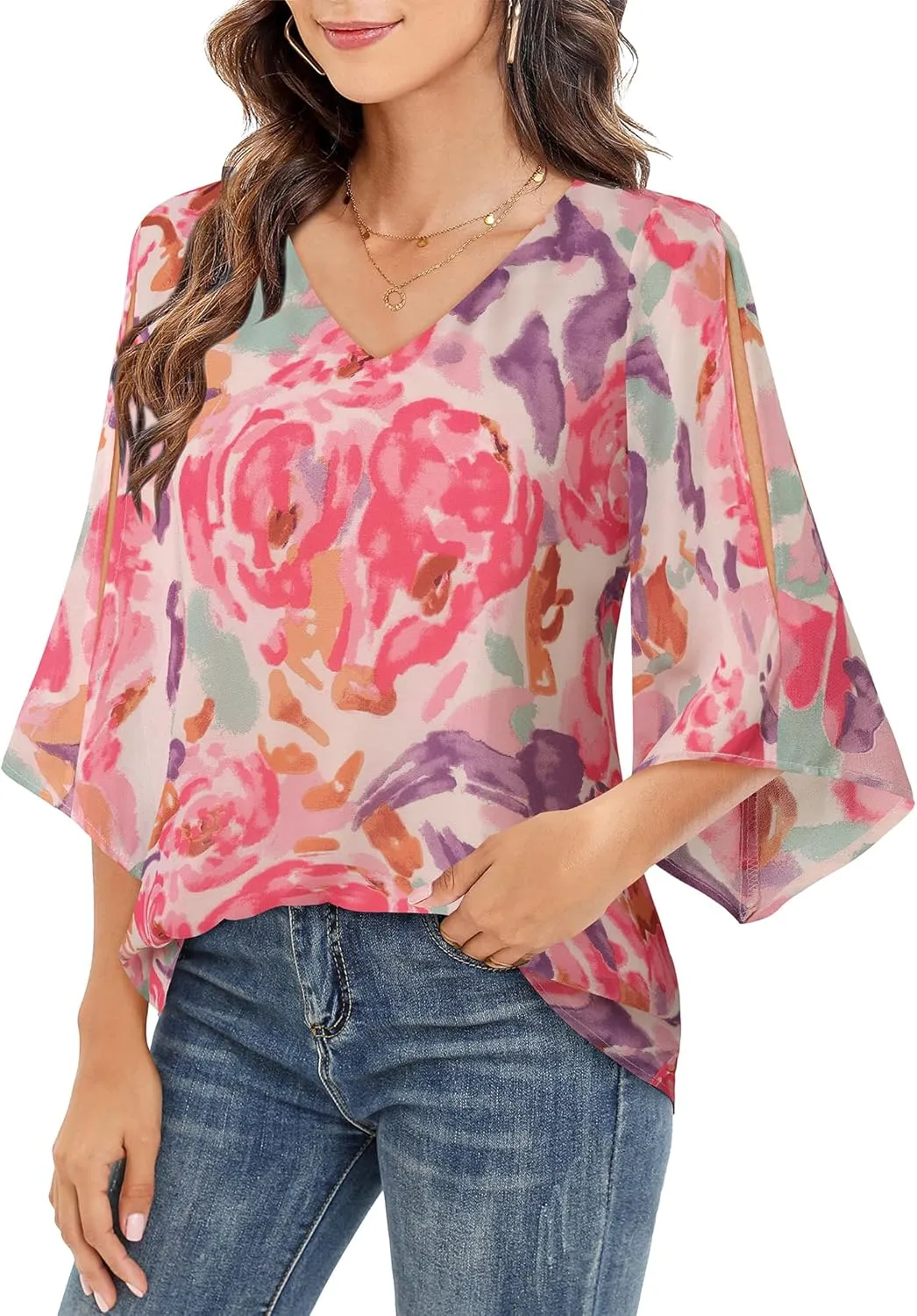 Bebonnie Womens Ruffle 3/4 Sleeve V Neck Double Layers Chiffon Blouses Dressy Tops