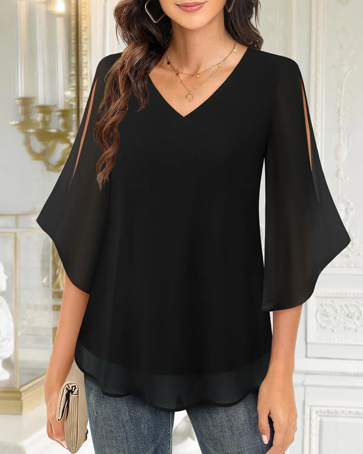 Bebonnie Womens Ruffle 3/4 Sleeve V Neck Double Layers Chiffon Blouses Dressy Tops