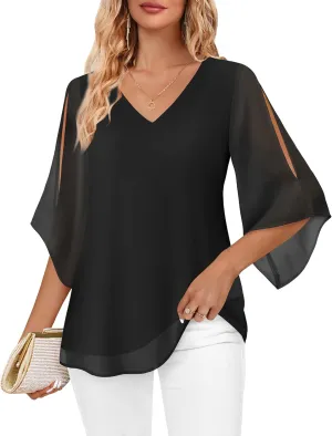 Bebonnie Womens Ruffle 3/4 Sleeve V Neck Double Layers Chiffon Blouses Dressy Tops